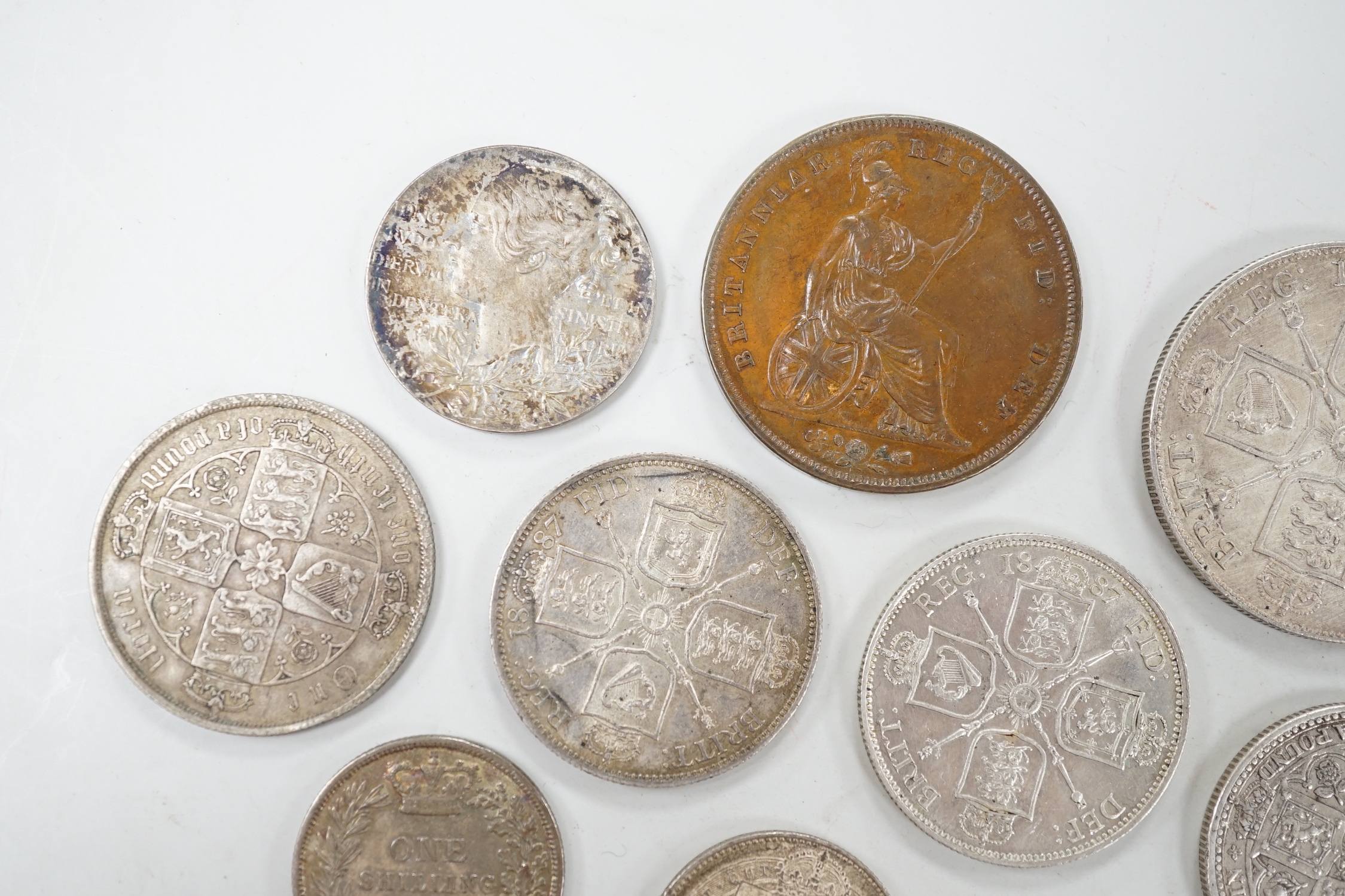 A Victoria double florin 1888 EF florin x 2, 6d 1901 UNC and 7 other Victoria coins and 1841 YH copper penny